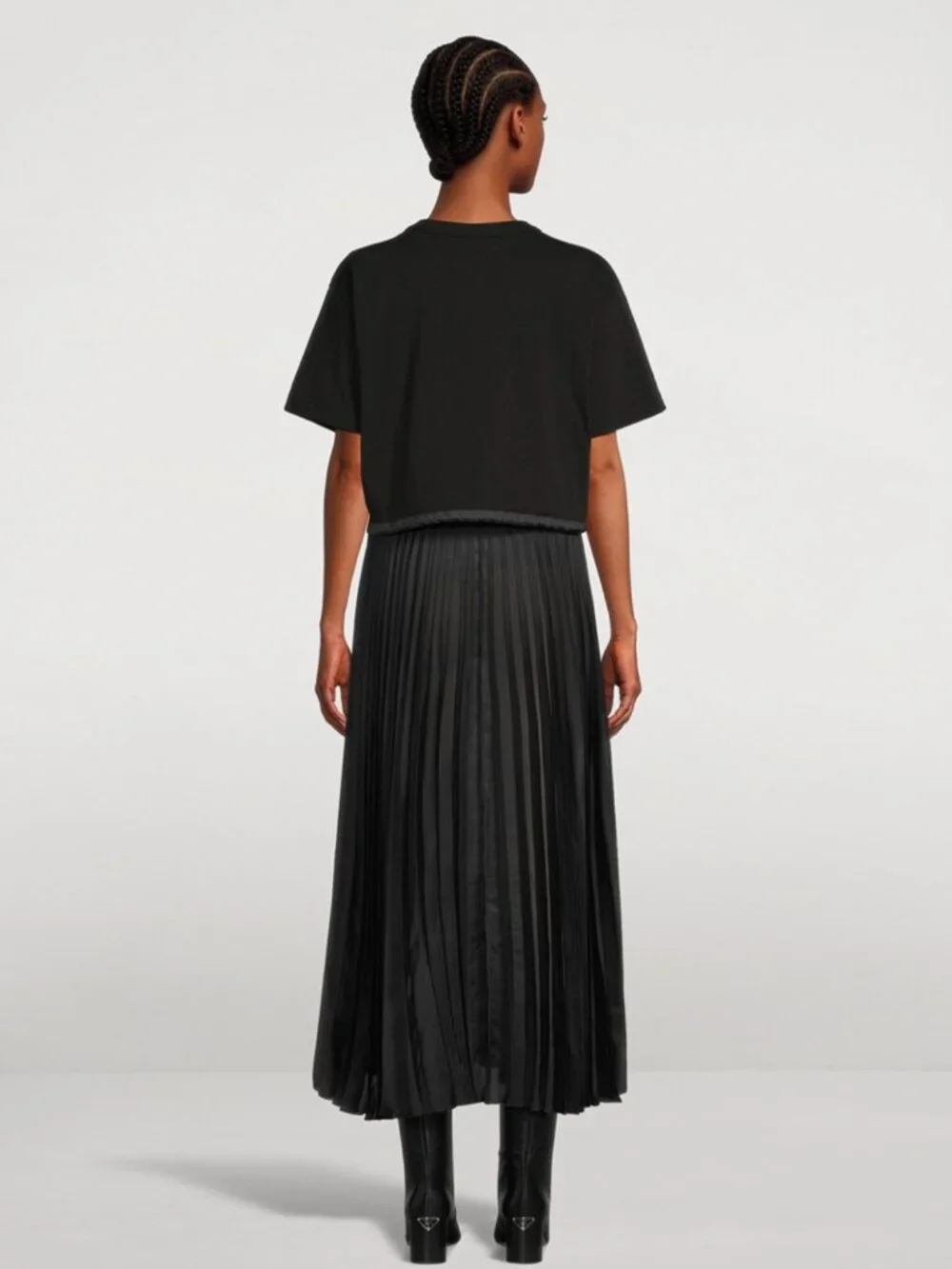 SACAI Satin Pleated T-Shirt Dress Black Women 4 Crewneck Short Sleeve Japan Midi - Picture 2 of 11